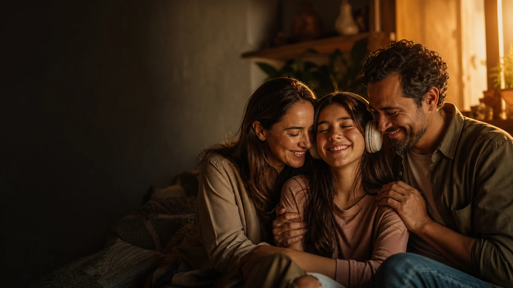 Familia latina abrazada mientras escucha su canción personalizada